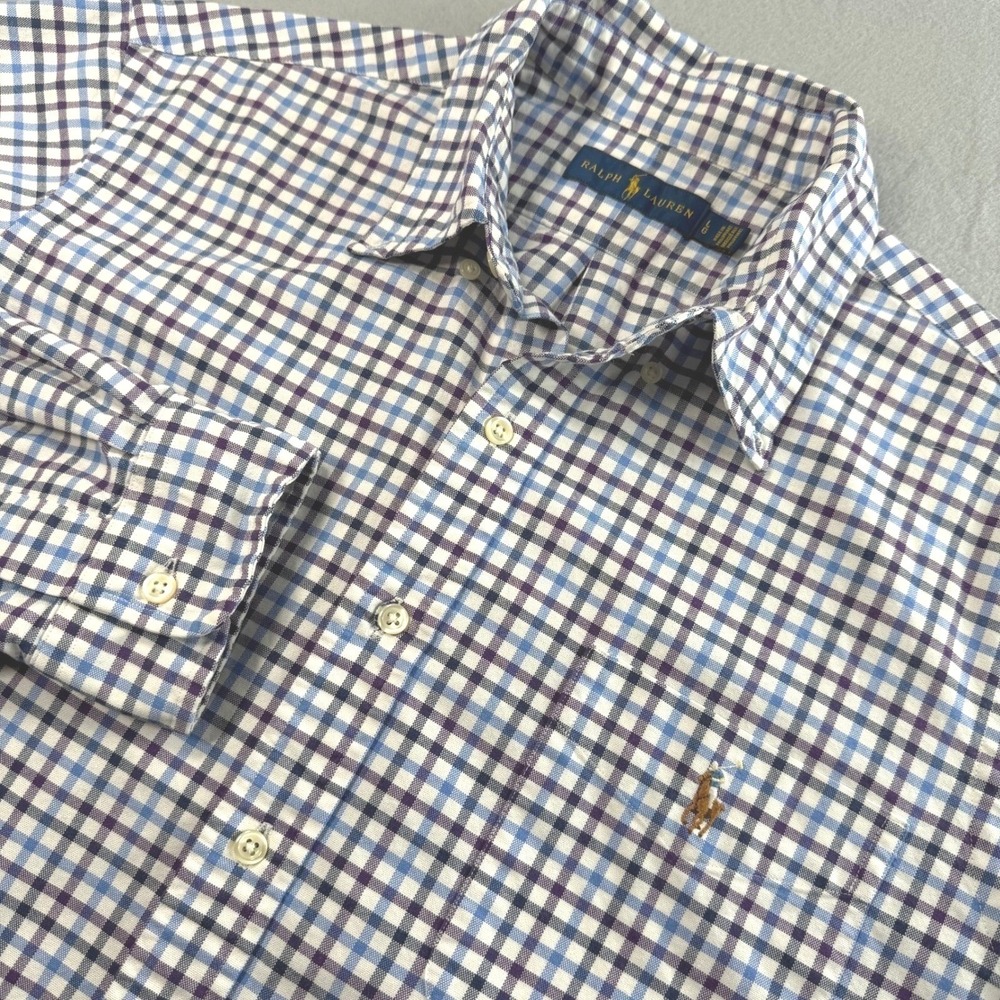Ralph Lauren Mens Button Down Shirt L Blue Purple Check Long Sleeve Fall Preppy